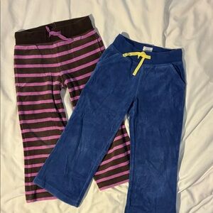 Mini Boden Kids Flare Velour Pants - Blue and Brown with Pink Stripes.
